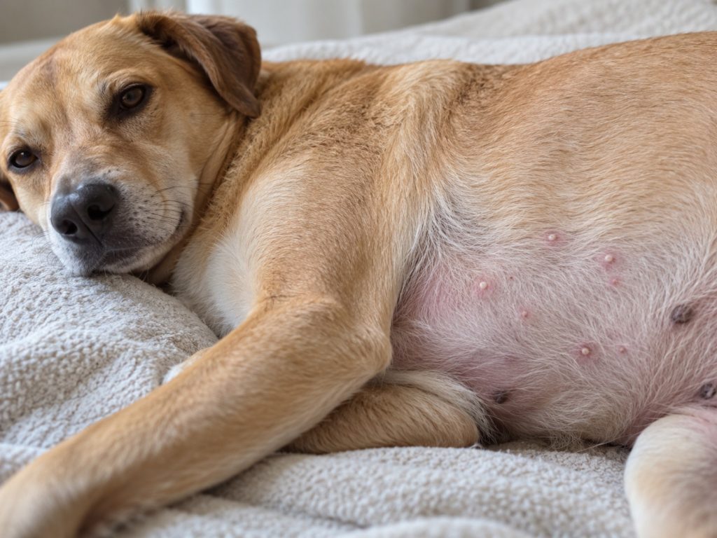 un chien avec des boutons blancs sur le corps