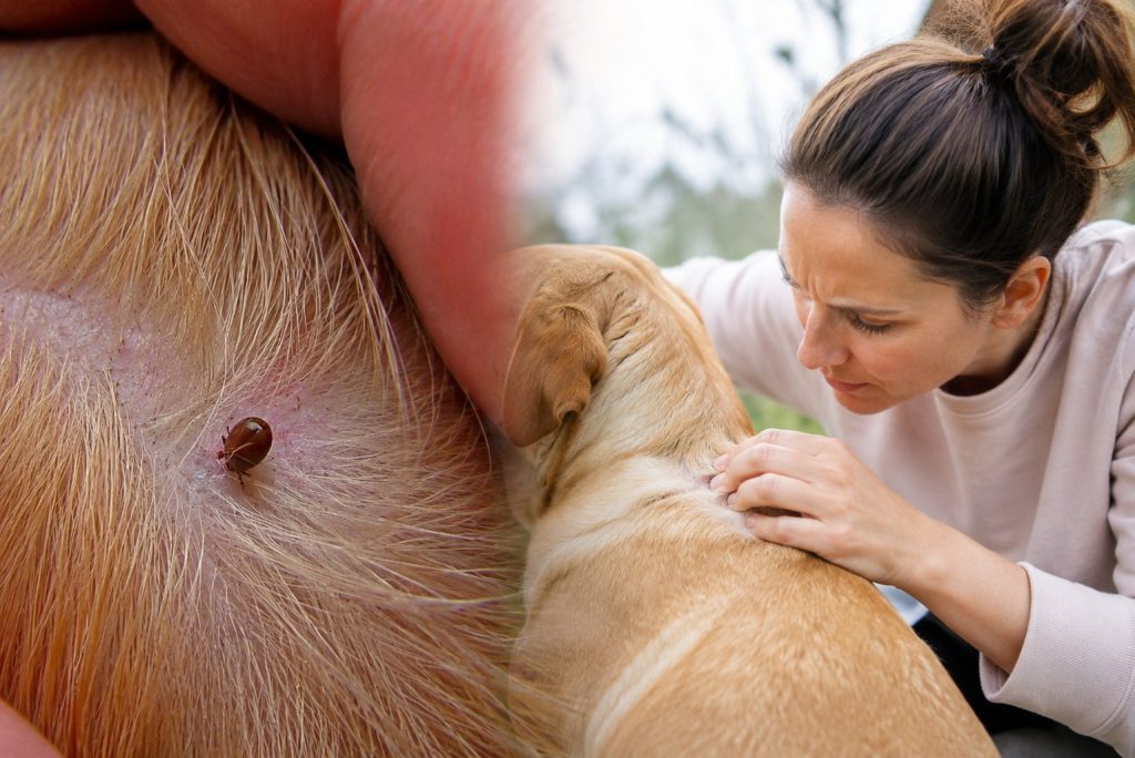 inspection à la recherche de tiques sur un chien