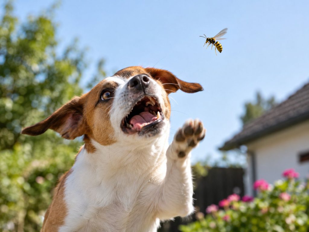 un chien qui tente d'attraper une guêpe