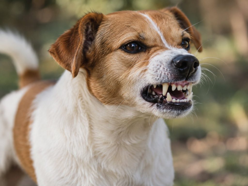 un chien qui grogne et qui montre les dents