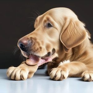Un chien qui se lèche une patte