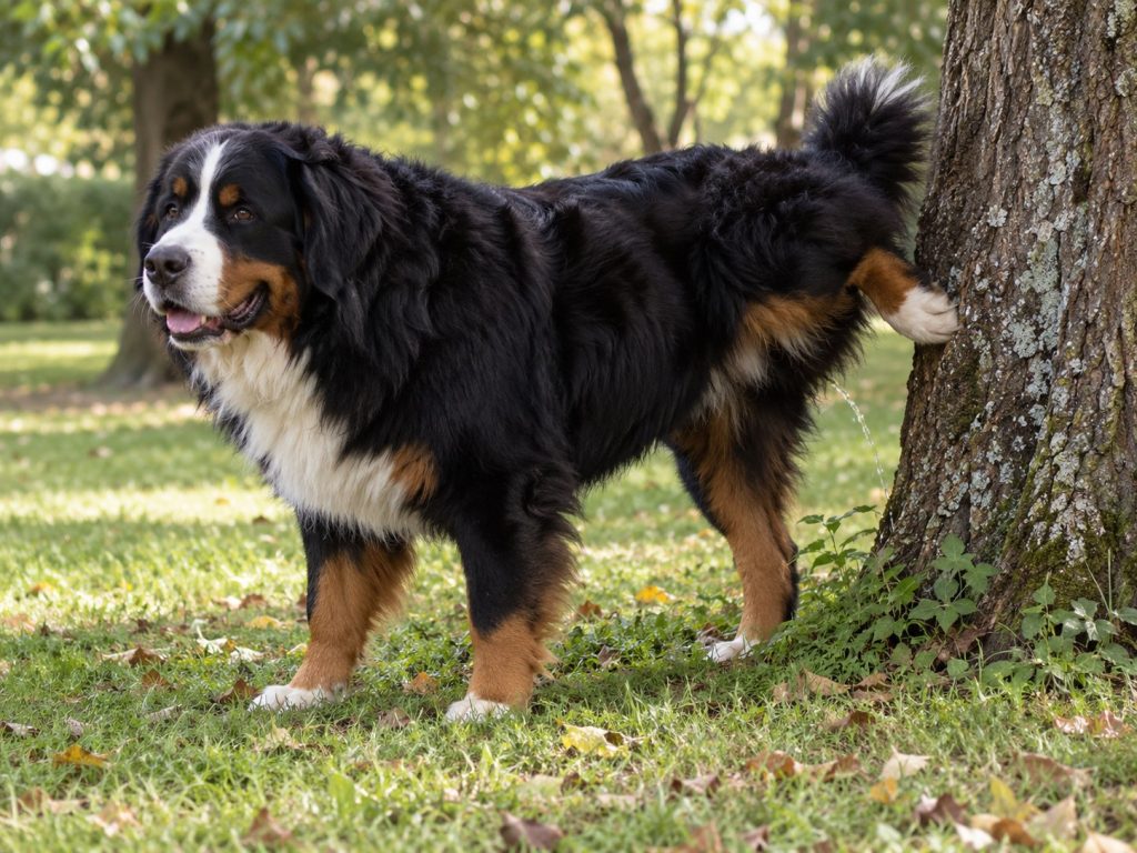 un Bouvier bernois qui urine contre un arbre