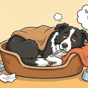 Chien malade couché dans son panier présentant des symptômes de grippe canine