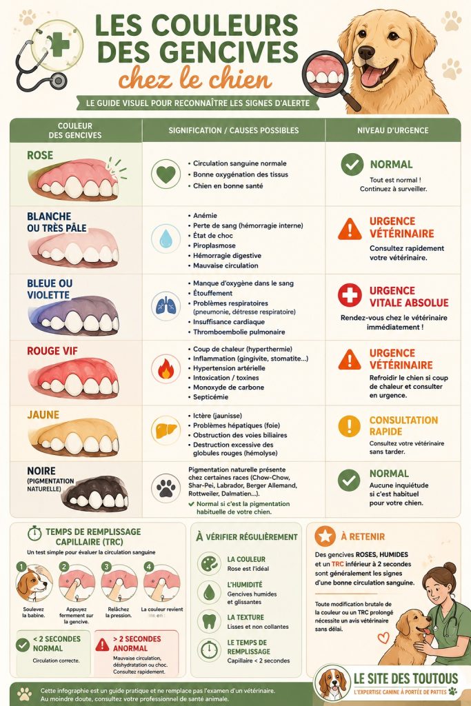 Infographie récapitulative des couleurs de gencives chez le chien et leur signification médicale