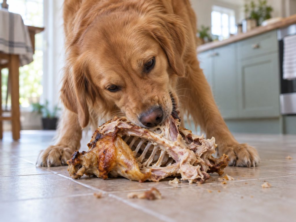 un chien qui dévore une carcasse de poulet