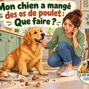 chien qui mange des os de poulet