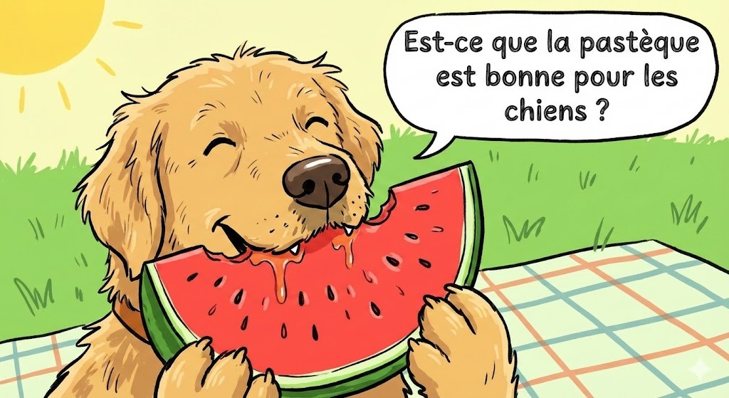 un chien qui mange une tranche de pastèque