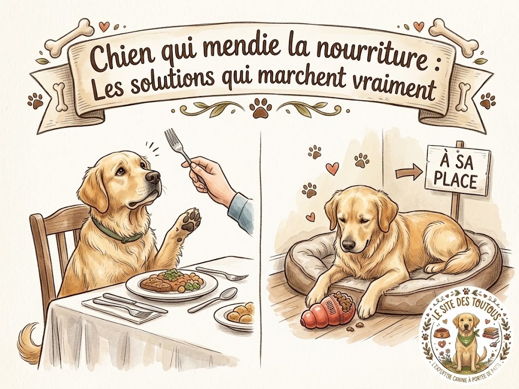 chien qui mendie de la nourriture