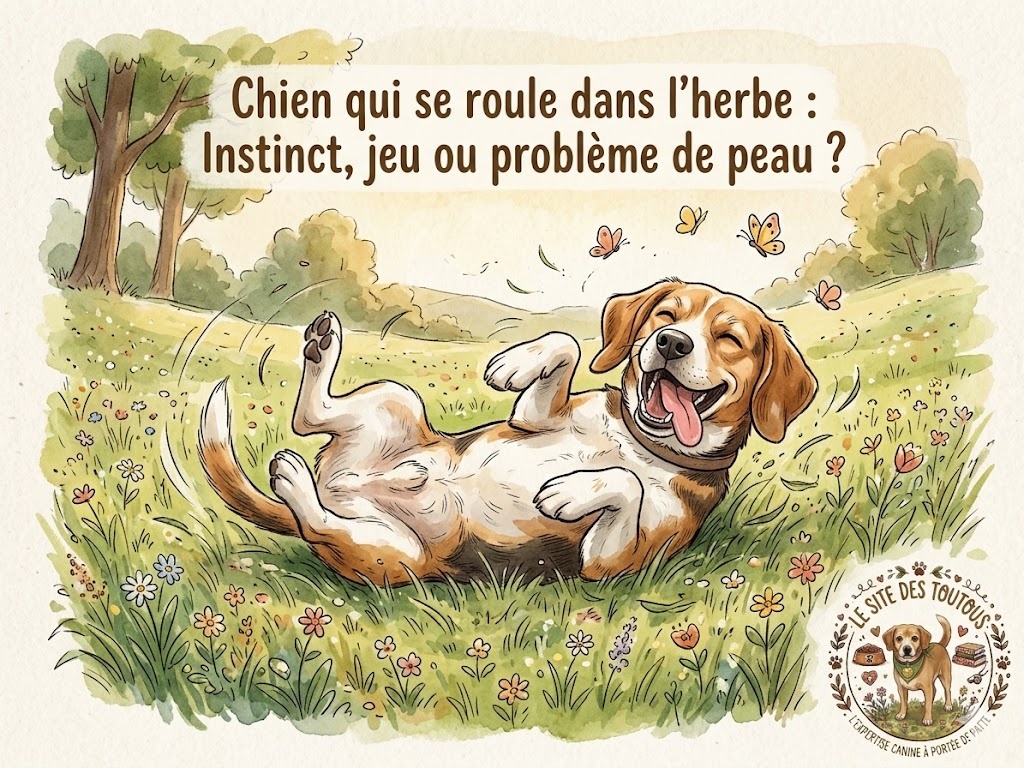 un chien qui se roule dans l'herbe