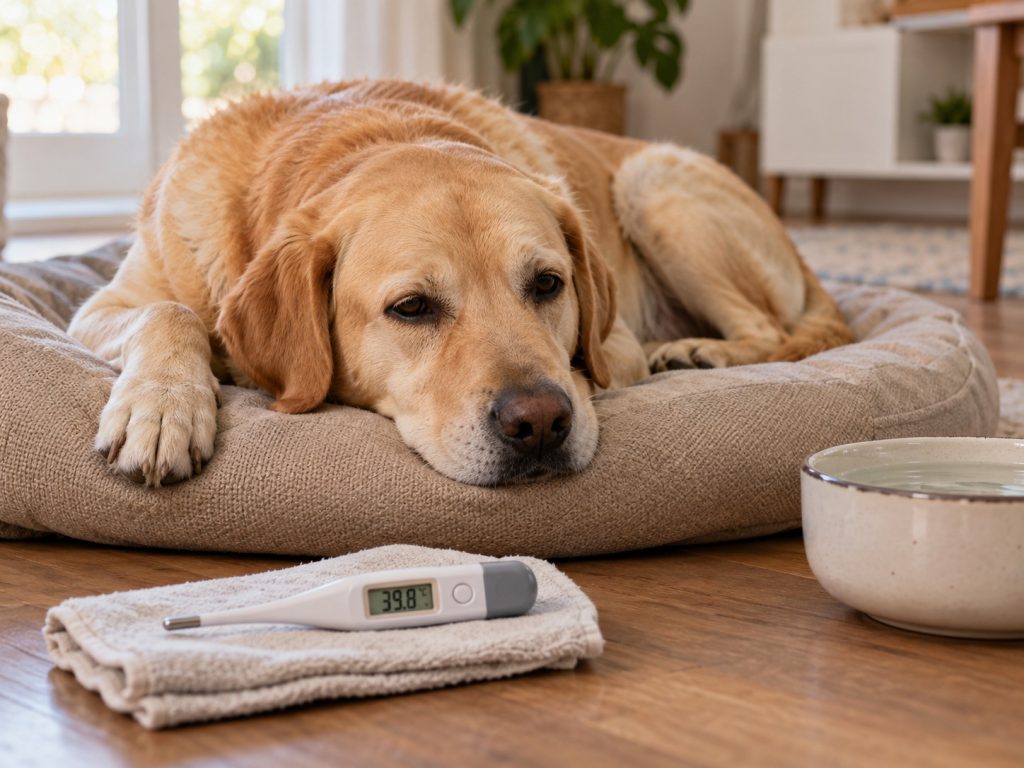 un chien fiévreux couché dans son panier