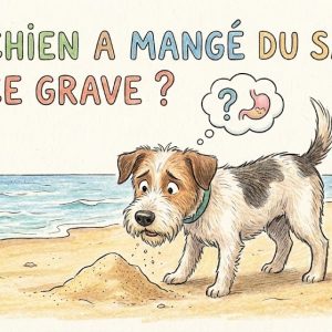 chien qui mange du sable