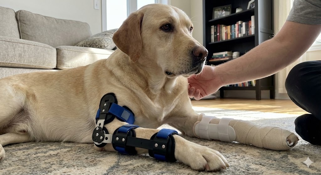 un chien avec une attelle