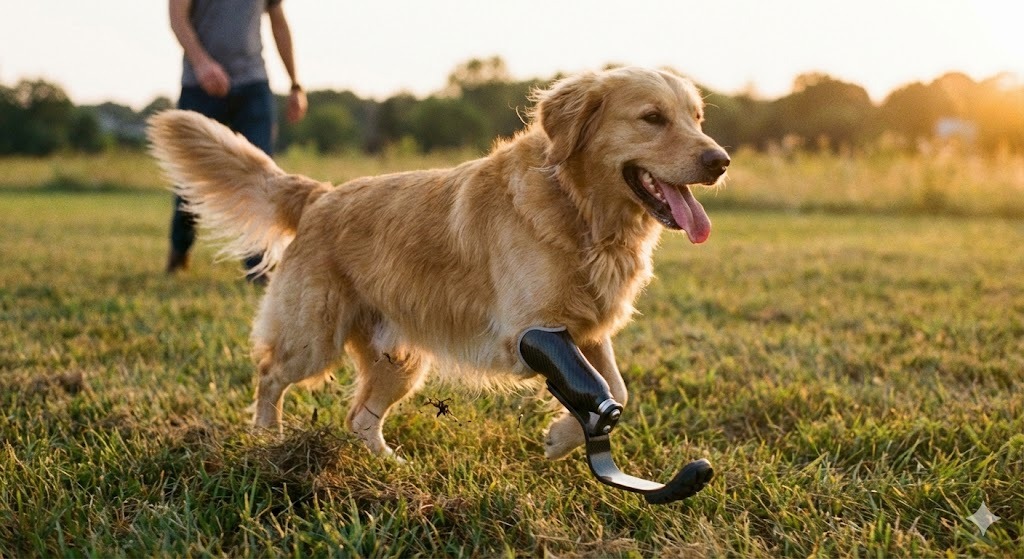 un chien avec une prothèse