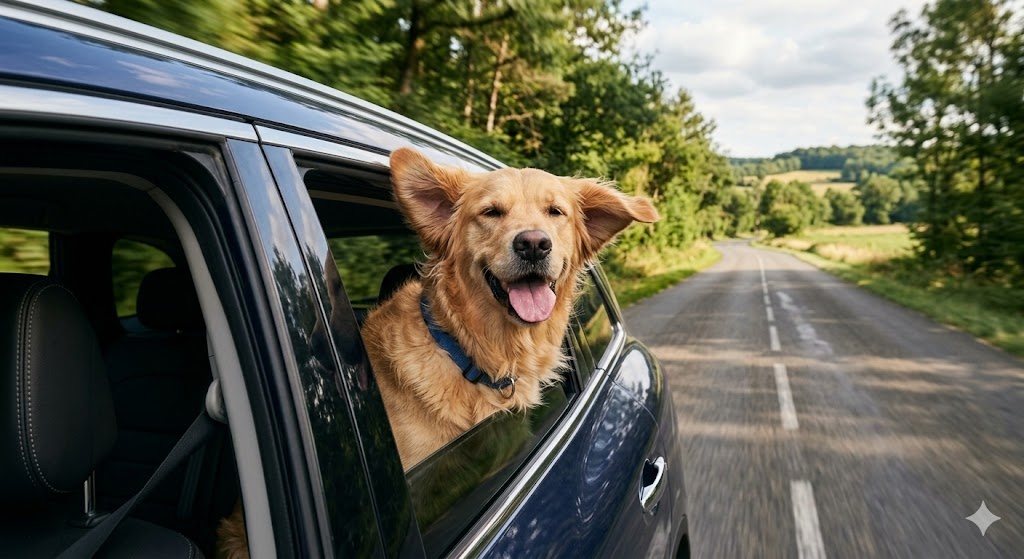 un chien en voiture qui passe sa tête par la fenêtre