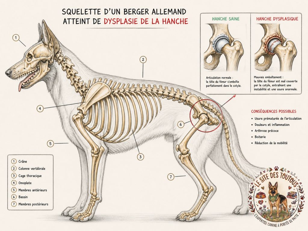 squelette d'un chien touché par la dysplasie de la hanche