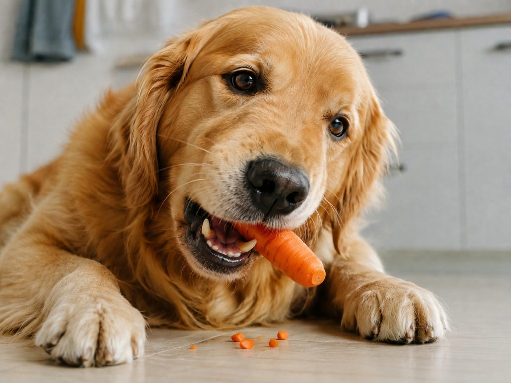 un chien qui mange une carotte