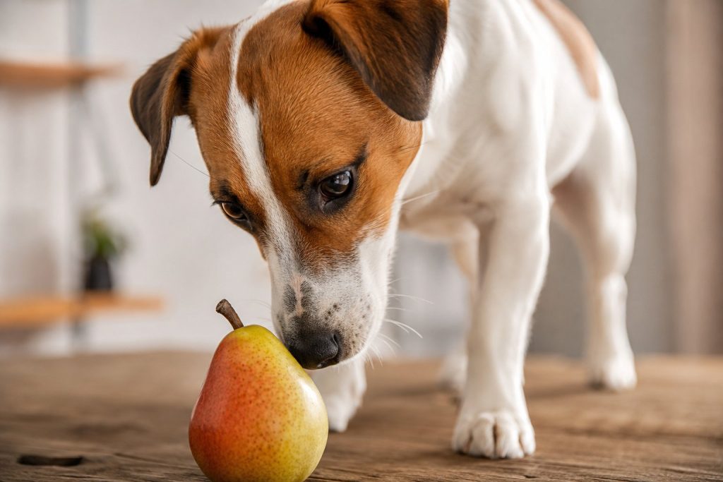 un chien curieux observe une poire