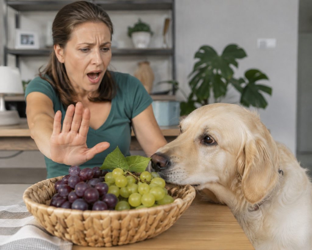 un chien qui renifle du raisin