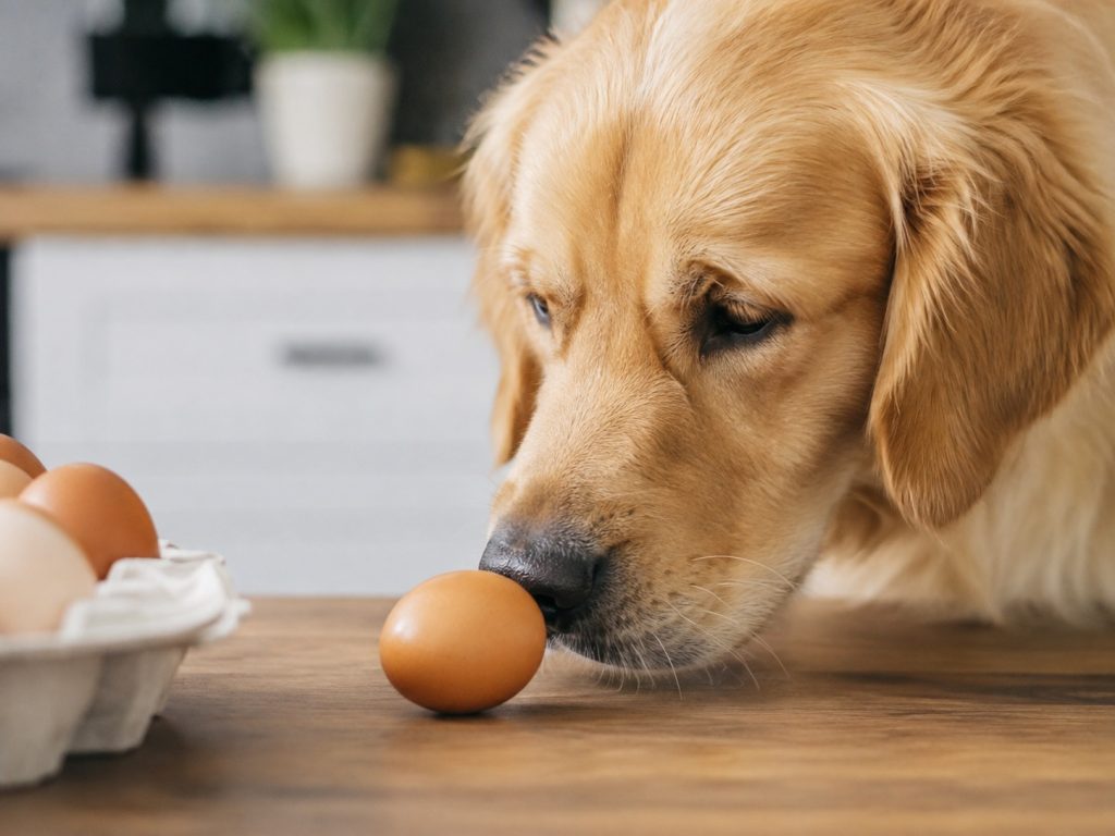 un chien curieux qui renifle un œuf