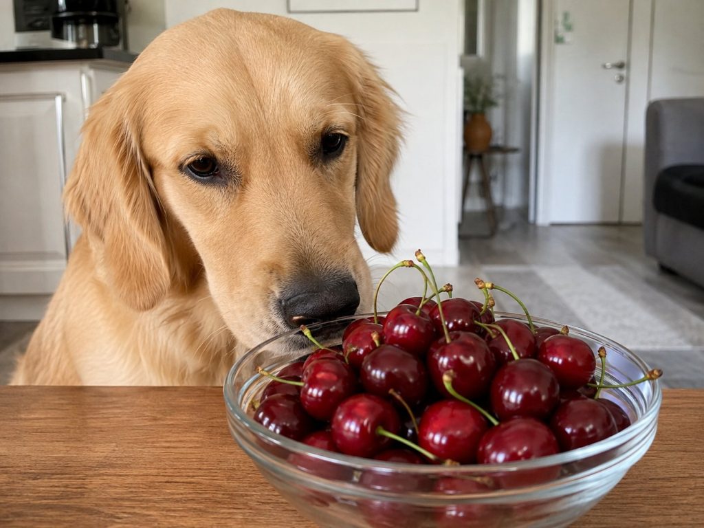 un chien qui regarde avec envie un saladier rempli de cerises