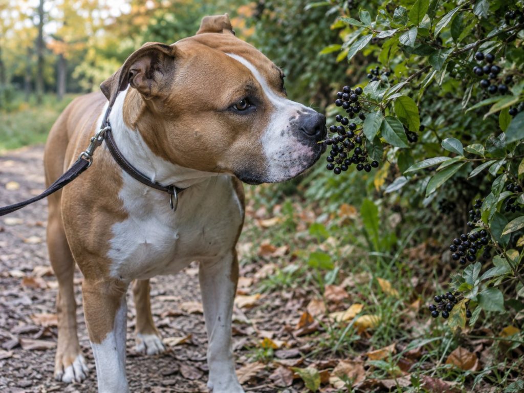 un chien qui renifle des baies toxiques