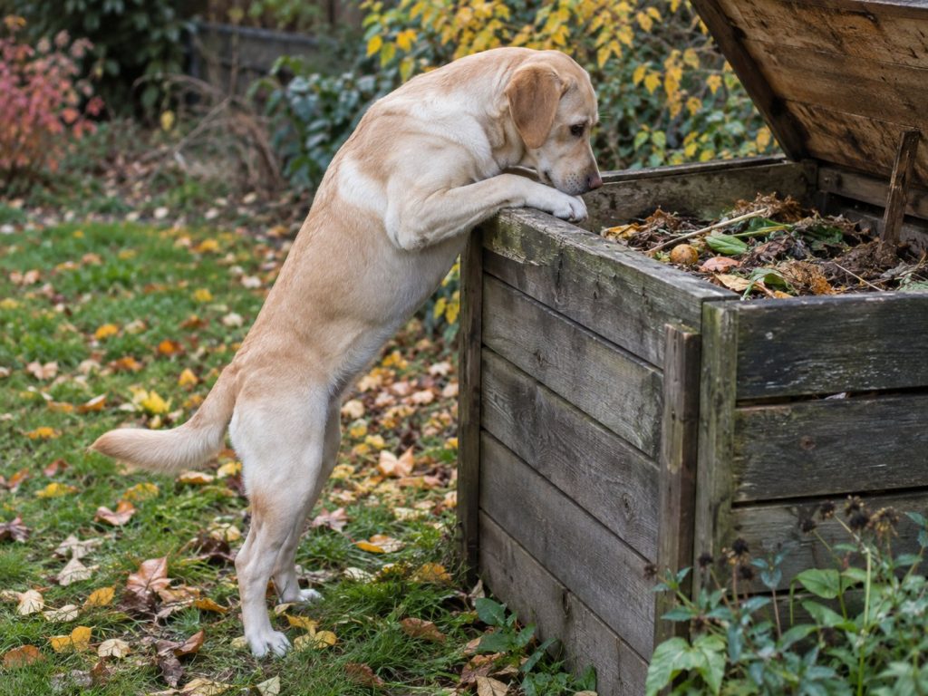 un Labrador trop curieux explore un composteur