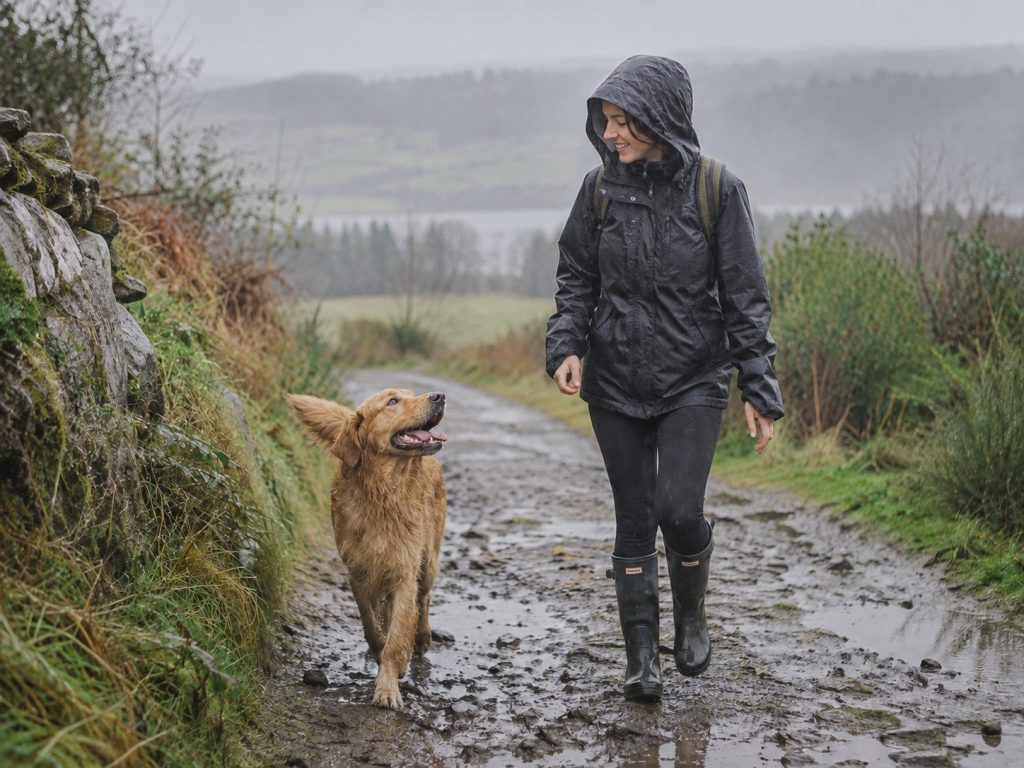 promenade d'un chien sous la pluie