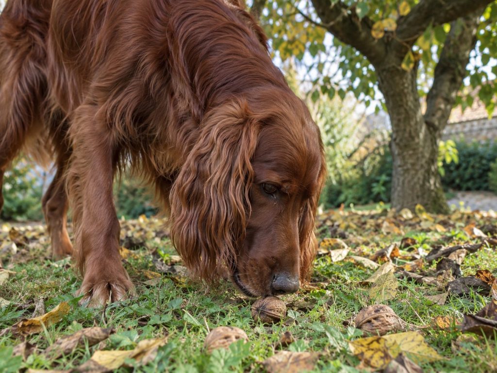 un Setter irlandais qui renifle une noix