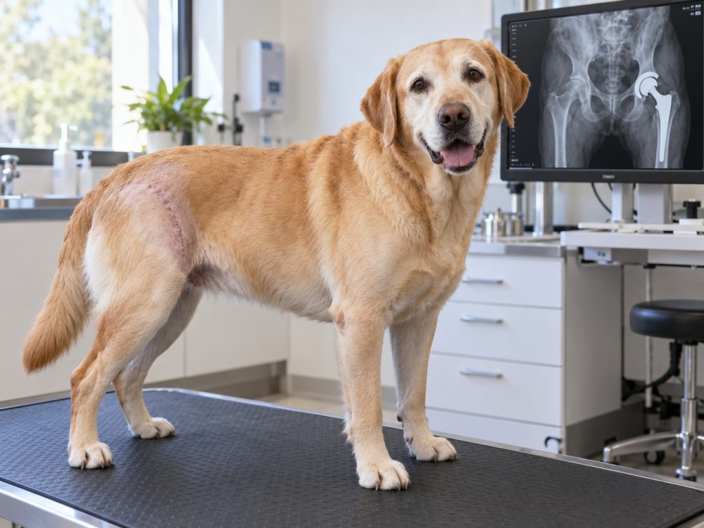 un chien qui vient de bénéficier de la pose d'une prothèse de la hanche